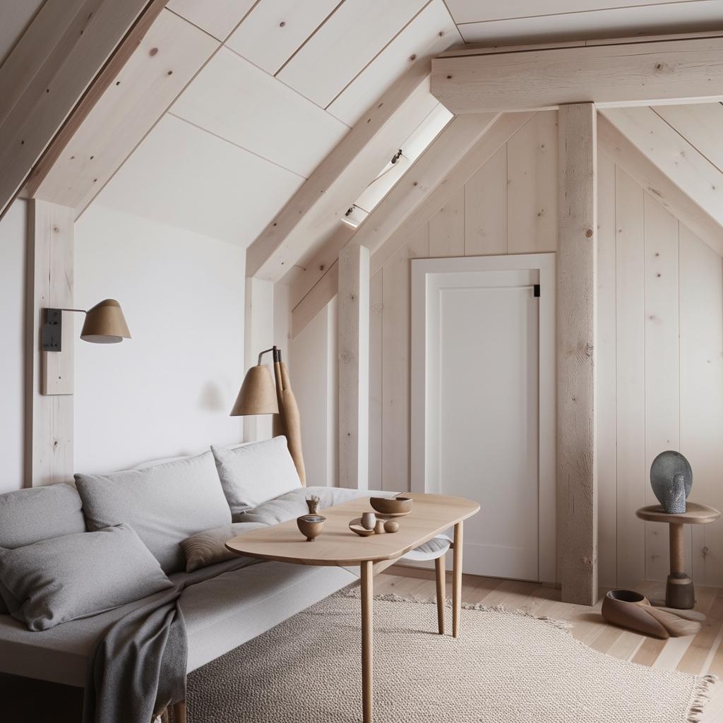 A meticulous and cosy Scandinavian style room, with minimalist furniture, white walls, soft lighting, and wood accents.