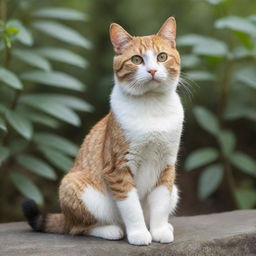 A cute and lifelike cat sitting comfortably in a natural setting.