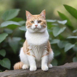 A cute and lifelike cat sitting comfortably in a natural setting.