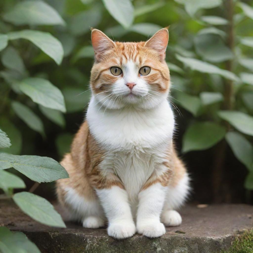 A cute and lifelike cat sitting comfortably in a natural setting.