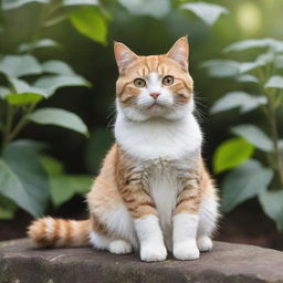 A cute and lifelike cat sitting comfortably in a natural setting.