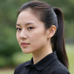 An Asian female with a neat ponytail hairstyle, wearing a plain, black polo shirt.