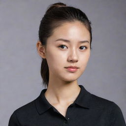 An Asian female with a neat ponytail hairstyle, wearing a plain, black polo shirt.