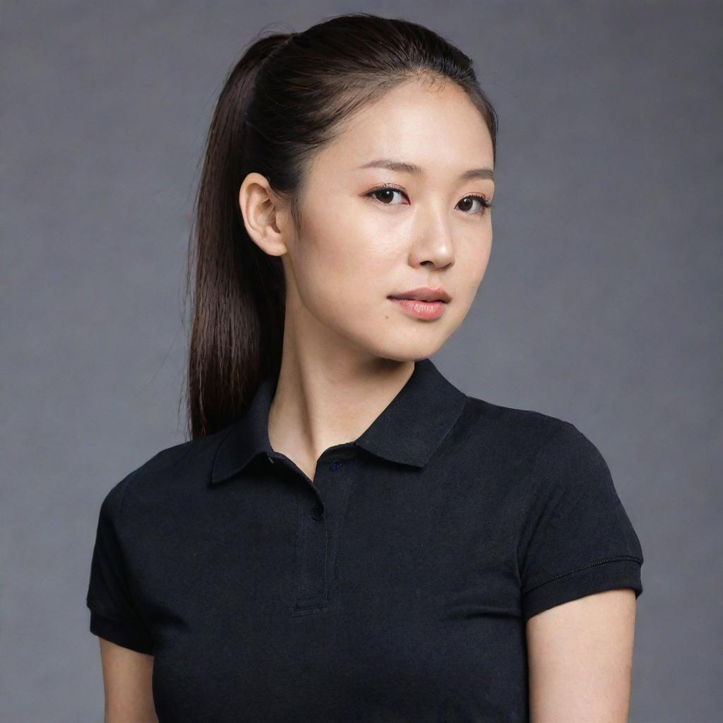 An Asian female with a neat ponytail hairstyle, wearing a plain, black polo shirt.