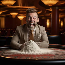 Well-dressed man in a custom suit grinning manically in an empty casino, with a pile of arrowroot flour dusting his upper lip on the table.