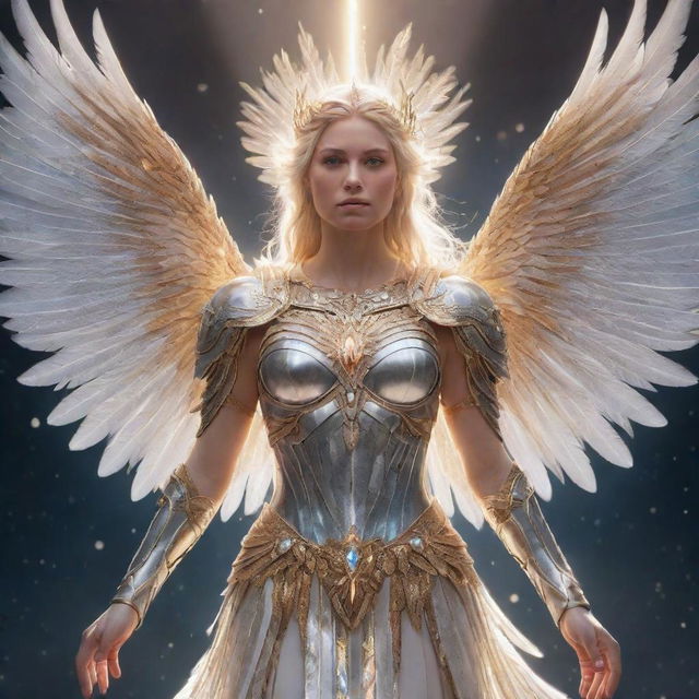 A detailed depiction of Minerva, the Exalted Lightsworn, a formidable and radiant warrior angel glowing with ethereal light, dressed in celestial armor, surrounded by shimmering, prismatic feathers.