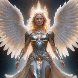 A detailed depiction of Minerva, the Exalted Lightsworn, a formidable and radiant warrior angel glowing with ethereal light, dressed in celestial armor, surrounded by shimmering, prismatic feathers.