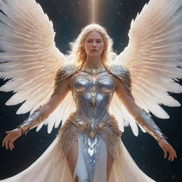 A detailed depiction of Minerva, the Exalted Lightsworn, a formidable and radiant warrior angel glowing with ethereal light, dressed in celestial armor, surrounded by shimmering, prismatic feathers.