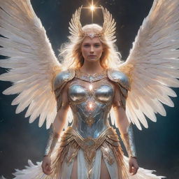 A detailed depiction of Minerva, the Exalted Lightsworn, a formidable and radiant warrior angel glowing with ethereal light, dressed in celestial armor, surrounded by shimmering, prismatic feathers.