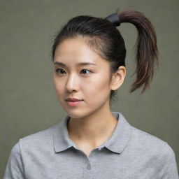 An Asian female with a neat ponytail hairstyle, wearing a plain, grey polo shirt.