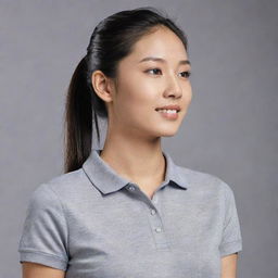 An Asian female with a neat ponytail hairstyle, wearing a plain, grey polo shirt.