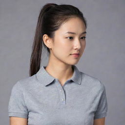 An Asian female with a neat ponytail hairstyle, wearing a plain, grey polo shirt.