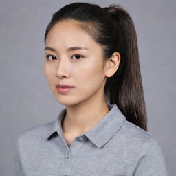 An Asian female with a neat ponytail hairstyle, wearing a plain, grey polo shirt.