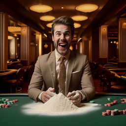 Well-dressed man in a custom suit grinning manically in an empty casino, with a pile of arrowroot flour dusting his upper lip on the table.