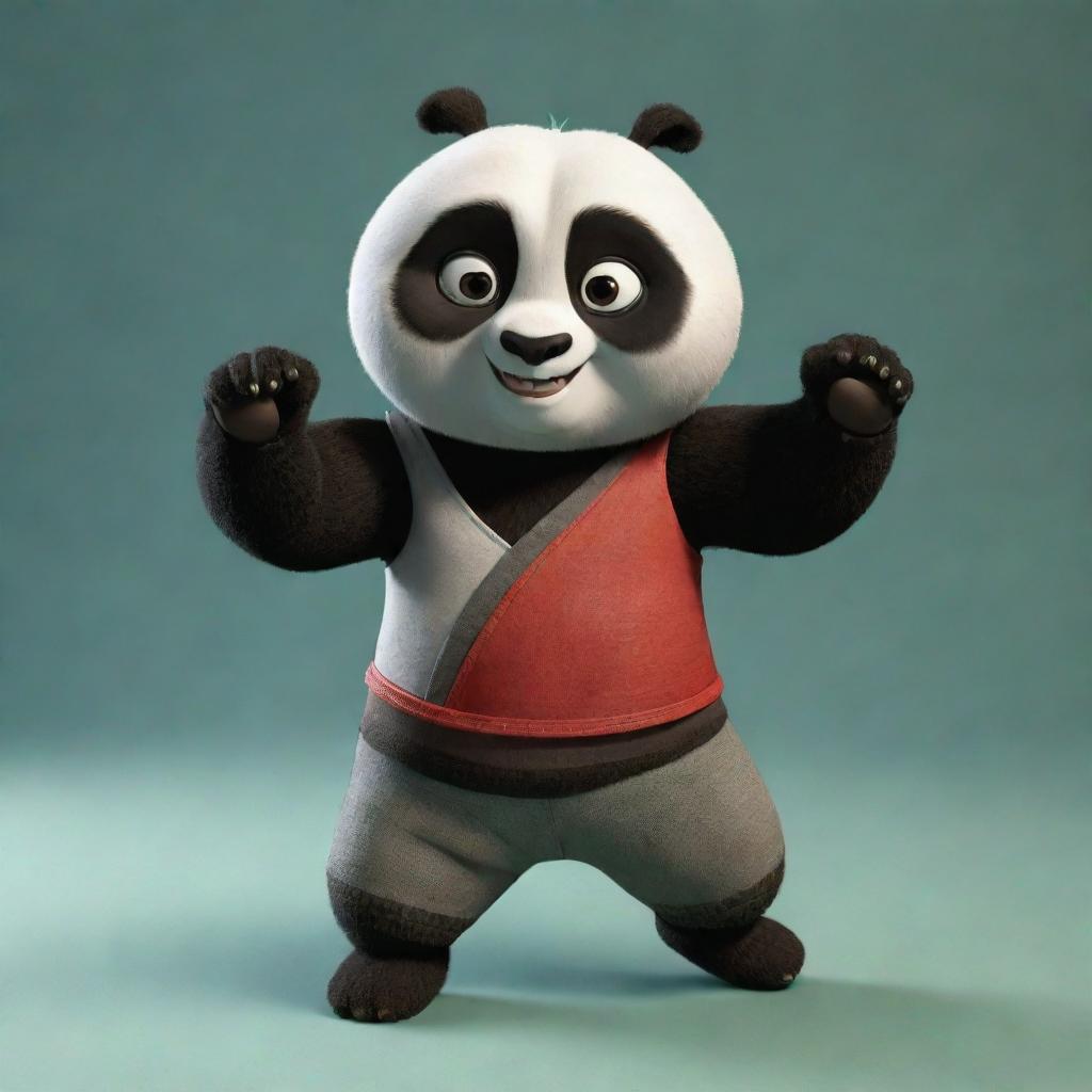 A detailed rendering of a charming doll model based on the Kung Fu Panda character in a playful pose.