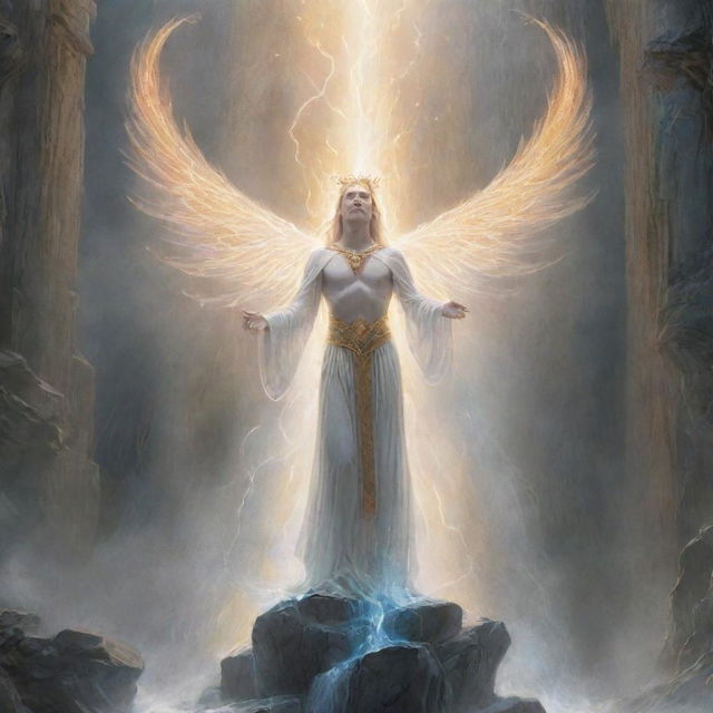 A drawing of 'Curious the Lightsworn Dominion', a figure of fascination and power, engages in an ethereal rite beneath a bright heavenly cascade.