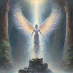 A drawing of 'Curious the Lightsworn Dominion', a figure of fascination and power, engages in an ethereal rite beneath a bright heavenly cascade.