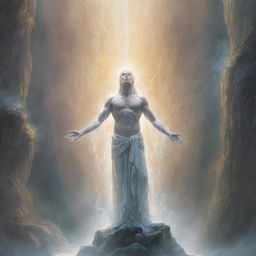 A drawing of 'Curious the Lightsworn Dominion', a figure of fascination and power, engages in an ethereal rite beneath a bright heavenly cascade.