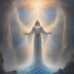 A drawing of 'Curious the Lightsworn Dominion', a figure of fascination and power, engages in an ethereal rite beneath a bright heavenly cascade.