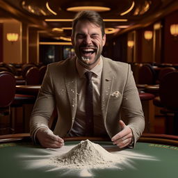 Well-dressed man in a custom suit grinning manically in an empty casino, with a pile of arrowroot flour dusting his upper lip on the table.