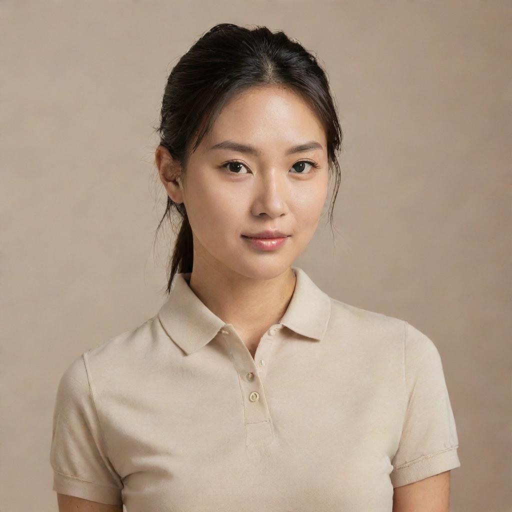 An Asian woman with her hair styled in a ponytail, wearing a plain beige polo shirt.