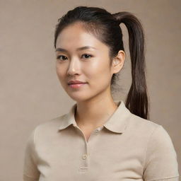 An Asian woman with her hair styled in a ponytail, wearing a plain beige polo shirt.