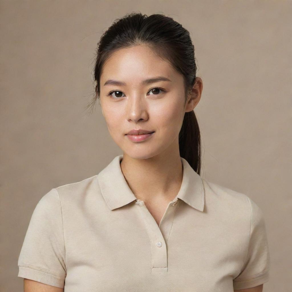 An Asian woman with her hair styled in a ponytail, wearing a plain beige polo shirt.