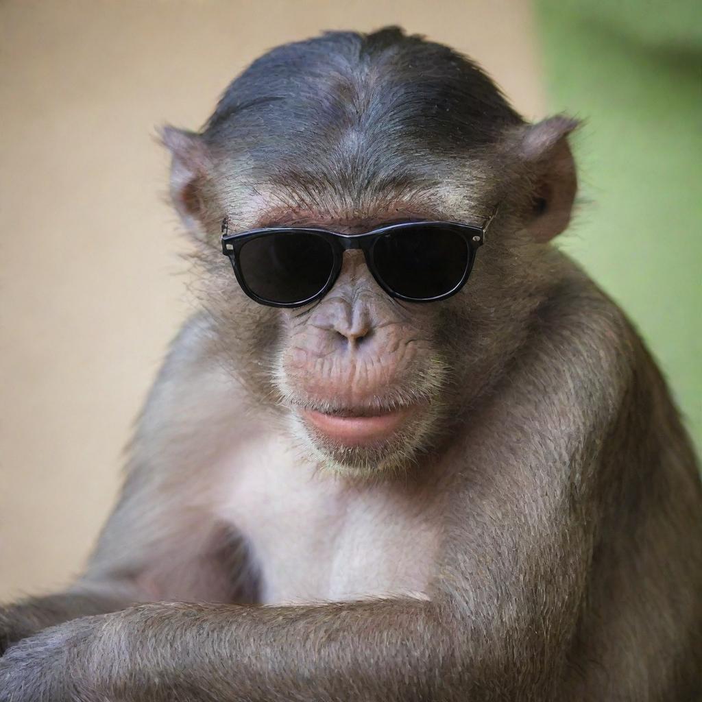 A monkey exuding attitude, sitting with crossed arms and a smug expression on its face, sunglasses perched on its forehead.