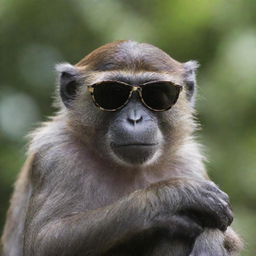 A monkey exuding attitude, sitting with crossed arms and a smug expression on its face, sunglasses perched on its forehead.