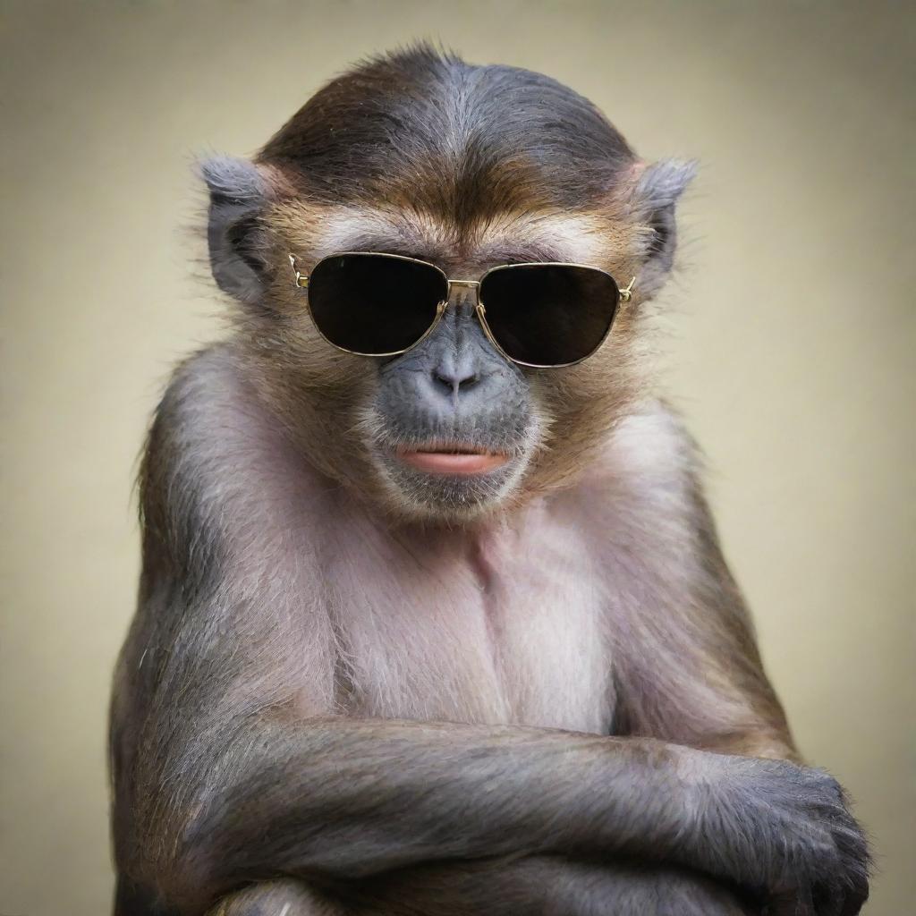 A monkey exuding attitude, sitting with crossed arms and a smug expression on its face, sunglasses perched on its forehead.