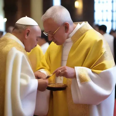During the ceremony, the priest seam the holy robes to prepare for the ritual.