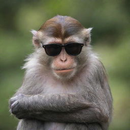 A monkey exuding attitude, sitting with crossed arms and a smug expression on its face, sunglasses perched on its forehead.