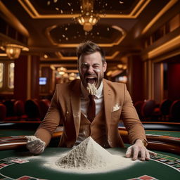 Well-dressed man in a custom suit grinning manically in an empty casino, with a pile of arrowroot flour dusting his upper lip on the table.