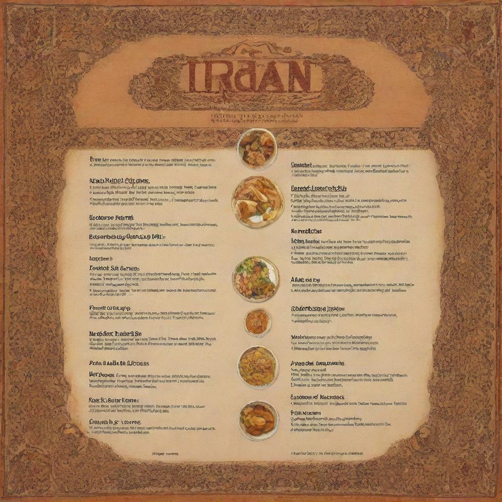 Menu highlighting the diverse flavors of Iran, with options for both fried and stewed chicken. The text should be surrounded by traditional Iranian artwork and designs.