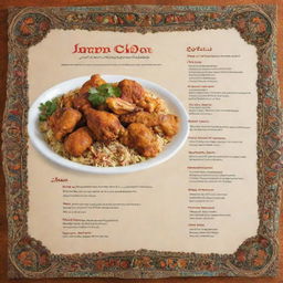 Menu highlighting the diverse flavors of Iran, with options for both fried and stewed chicken. The text should be surrounded by traditional Iranian artwork and designs.