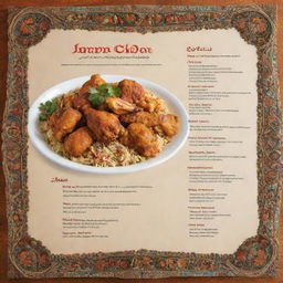 Menu highlighting the diverse flavors of Iran, with options for both fried and stewed chicken. The text should be surrounded by traditional Iranian artwork and designs.