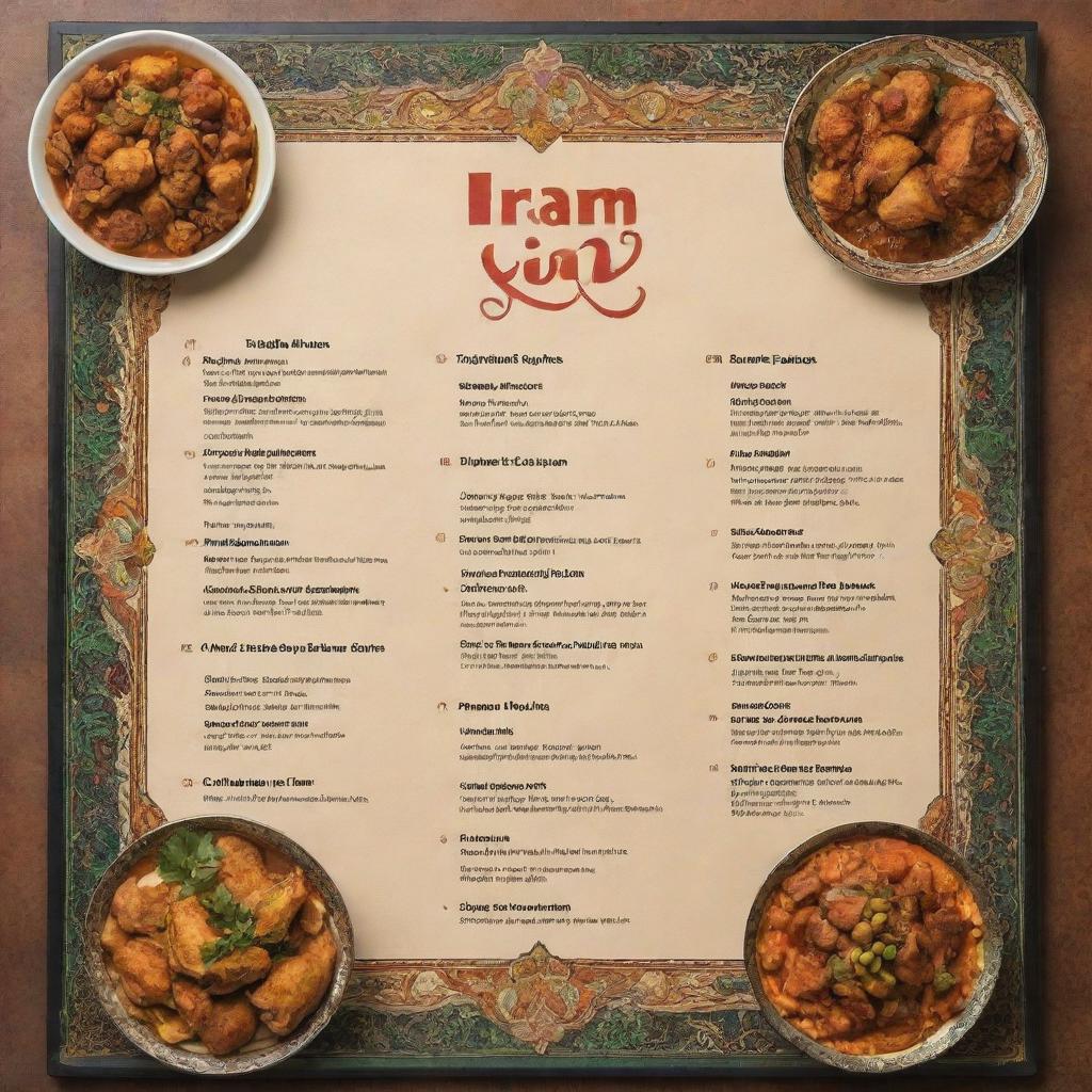 Menu highlighting the diverse flavors of Iran, with options for both fried and stewed chicken. The text should be surrounded by traditional Iranian artwork and designs.