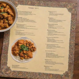 Menu highlighting the diverse flavors of Iran, with options for both fried and stewed chicken. The text should be surrounded by traditional Iranian artwork and designs.