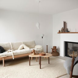 A meticulous and cosy Scandinavian style living room, with minimalist furniture, white walls, soft lighting, wood accents and a plush rug.