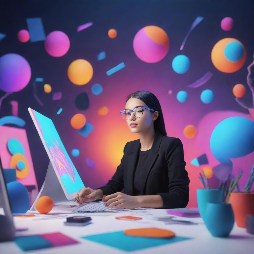 A 3D character who is a graphic designer, immersed in her creative process. She is surrounded by virtual design tools, working on a futuristic digital canvas filled with vibrant colors and abstract shapes.