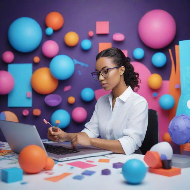 A 3D character who is a graphic designer, immersed in her creative process. She is surrounded by virtual design tools, working on a futuristic digital canvas filled with vibrant colors and abstract shapes.