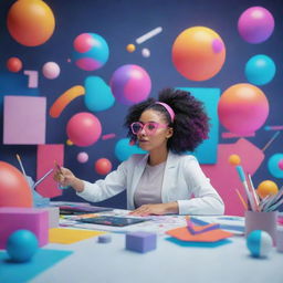 A 3D character who is a graphic designer, immersed in her creative process. She is surrounded by virtual design tools, working on a futuristic digital canvas filled with vibrant colors and abstract shapes.