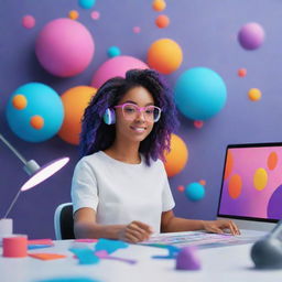 A 3D character who is a graphic designer, immersed in her creative process. She is surrounded by virtual design tools, working on a futuristic digital canvas filled with vibrant colors and abstract shapes.