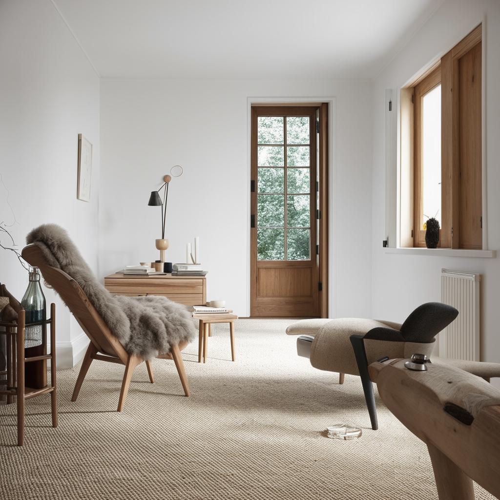 A meticulous and cosy Scandinavian style living room, with minimalist furniture, white walls, soft lighting, wood accents and a plush rug.