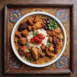 A diverse Iranian menu featuring both fried and stewed chicken dishes, depicted with colourful, appetite-inducing images and framed within traditional Persian design elements.