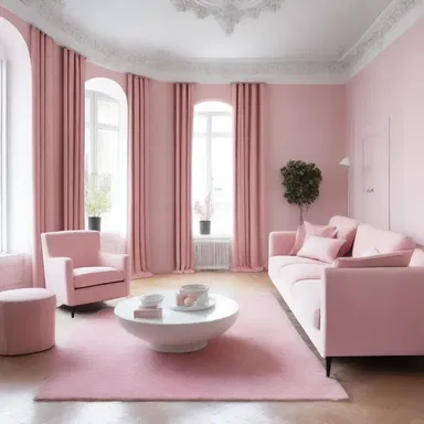 The white-pink walls and furniture in the living room created a soothing and feminine ambiance in the modern house.