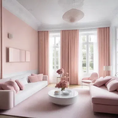 The white-pink walls and furniture in the living room created a soothing and feminine ambiance in the modern house.