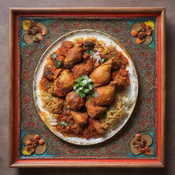 A diverse Iranian menu featuring both fried and stewed chicken dishes, depicted with colourful, appetite-inducing images and framed within traditional Persian design elements.