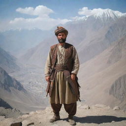 A stalwart Pashtoon warrior in traditional garb, standing against a backdrop of rugged mountain landscape with a traditional Afghan weapon in hand.