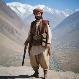 A stalwart Pashtoon warrior in traditional garb, standing against a backdrop of rugged mountain landscape with a traditional Afghan weapon in hand.